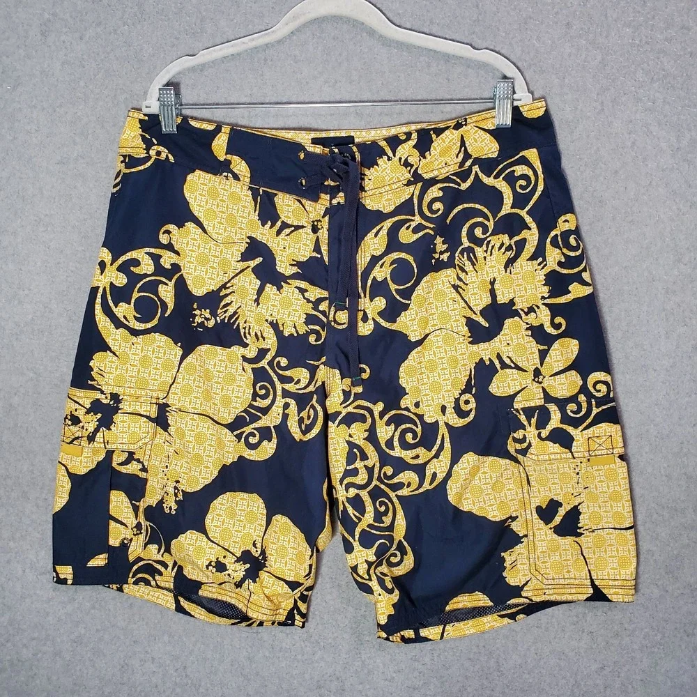 Old‎ Navy Men Swimwear Large Blue Floral Trunks Cargo Pockets Drawstring Hawaii